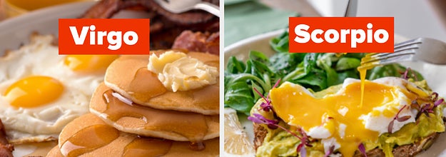 Pancake breakfast with virgo label and egg avocado breakfast with scorpio label