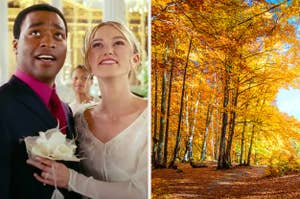 On the right, Chiwetel Ejiofor and Keira Knightley embrace on their wedding day as Peter and Juliet in "Love Actually," and on the right, fall trees 
