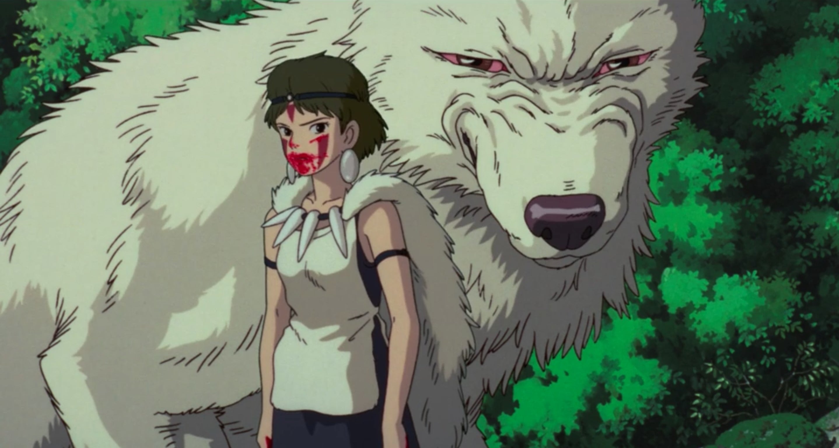 A young girl with a bloody mouth and a large white wolf