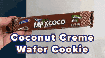 A gif of the testers trying the coconut cream chocolate wafers.