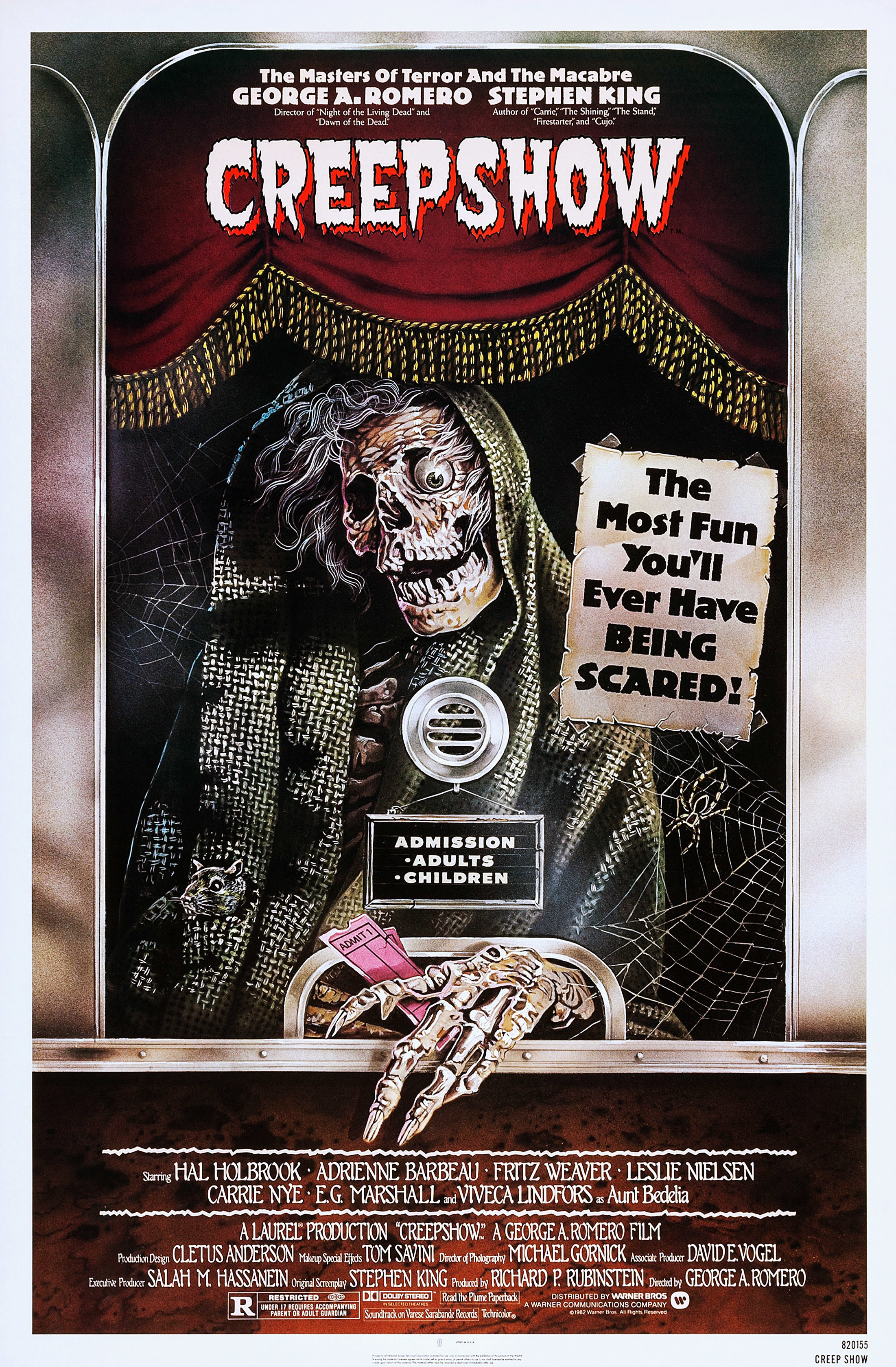 The official poster for &quot;Creepshow&quot; which features a very wacky looking skeleton in a ticket booth, holding out a ticket for you to take 