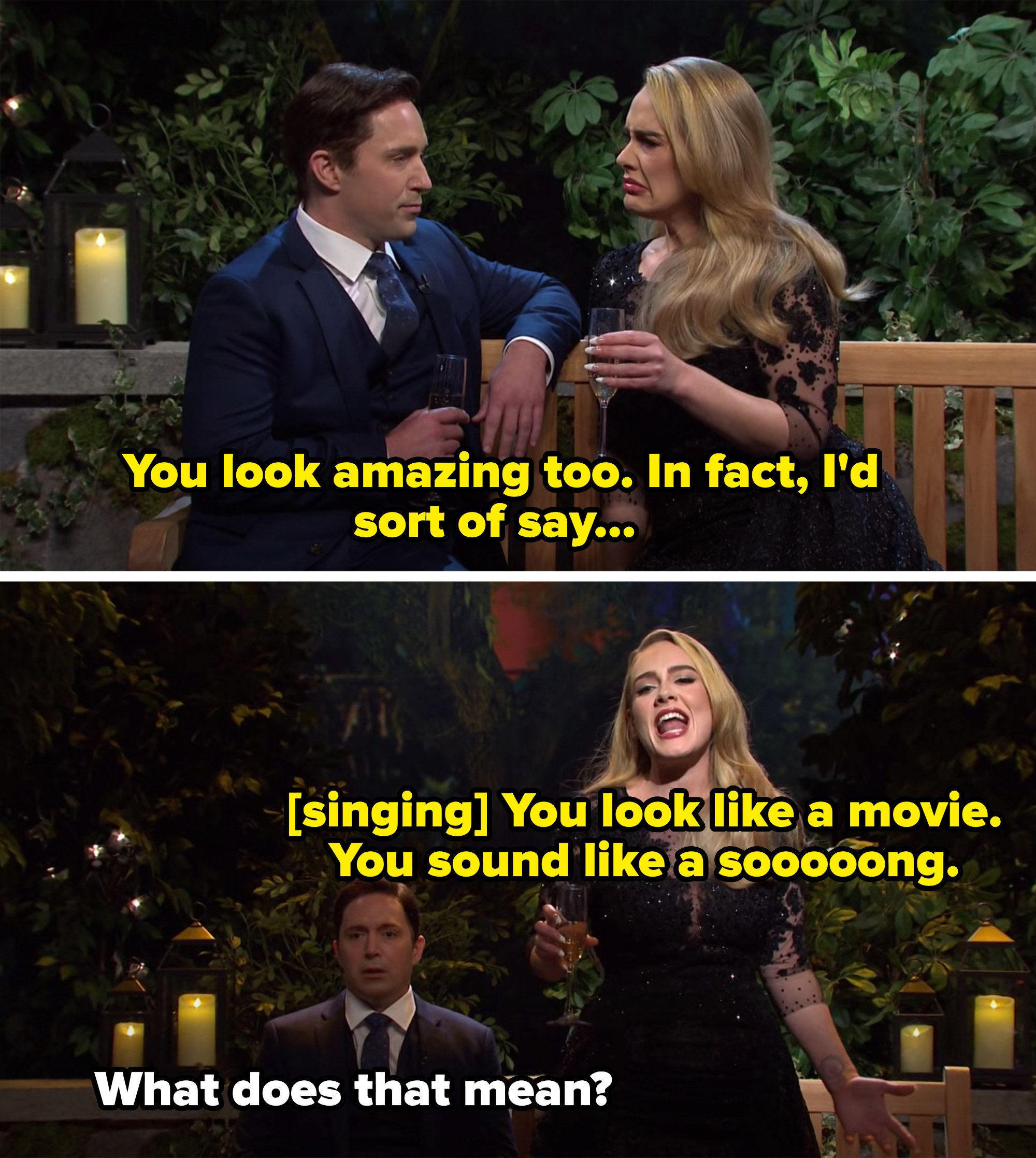 Adele saying Ben looks amazing, then singing he &quot;looks like a movie, sounds like a song&quot;
