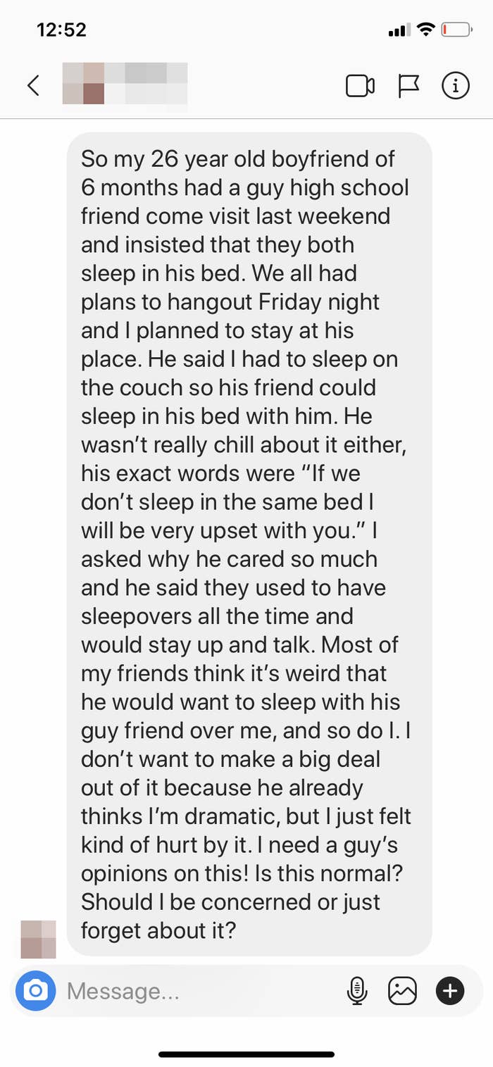 Screenshot of a DM from a woman whose boyfriend&#x27;s high school friend came to town, and he insisted on sharing a bed with him
