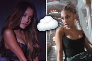 Ariana in the dangerous woman music video on the left and the no tears left to cry music video on the right