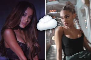 Ariana in the dangerous woman music video on the left and the no tears left to cry music video on the right