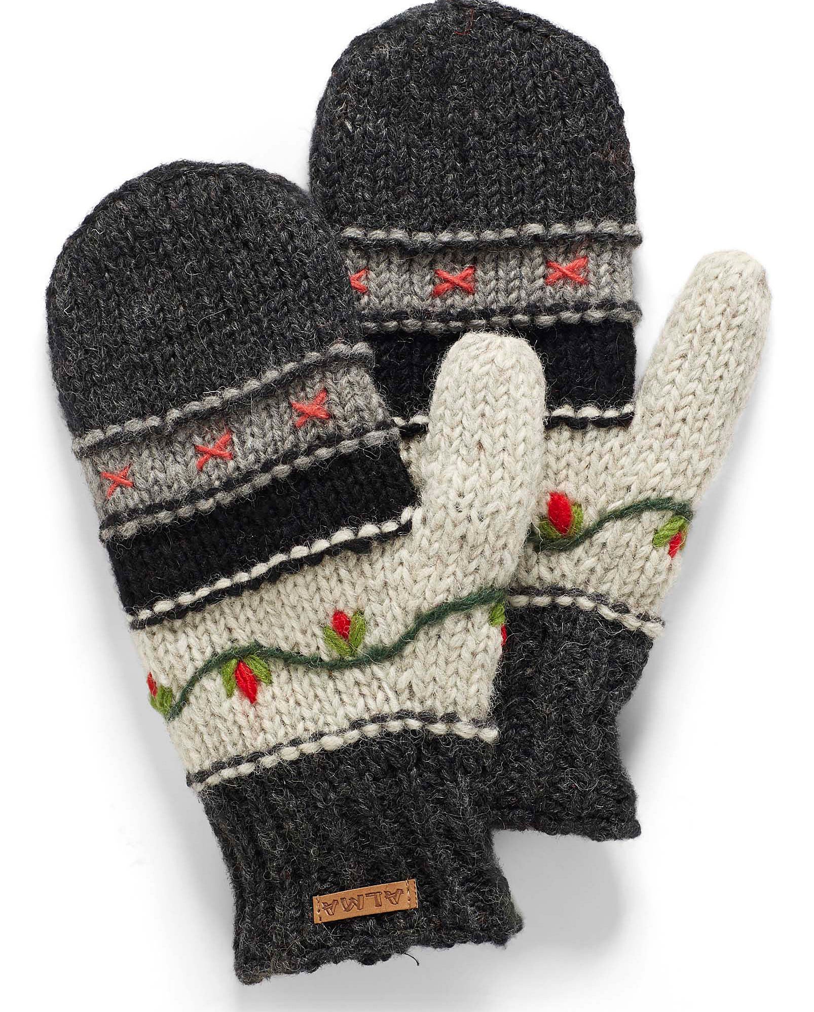 A pair of knit mittens with floral embroidery