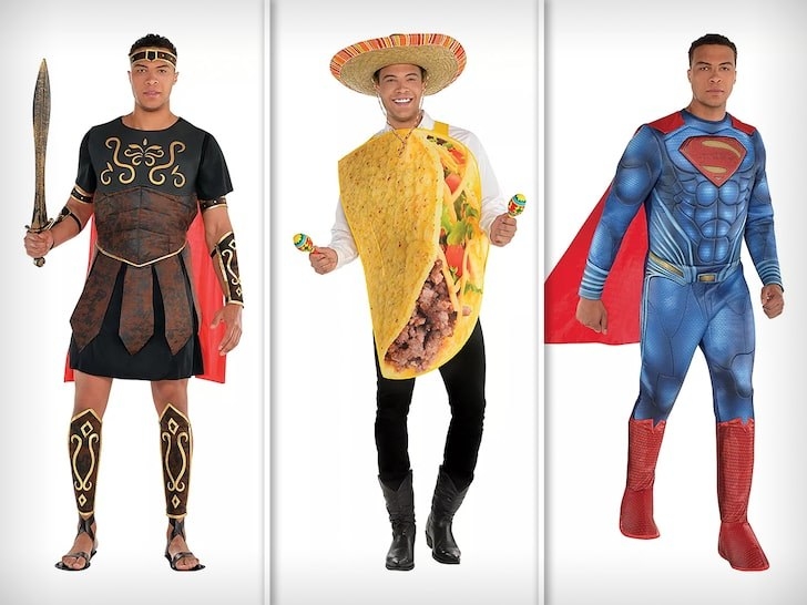 Dale Moss in gladiator, taco and Superman costumes from Party City