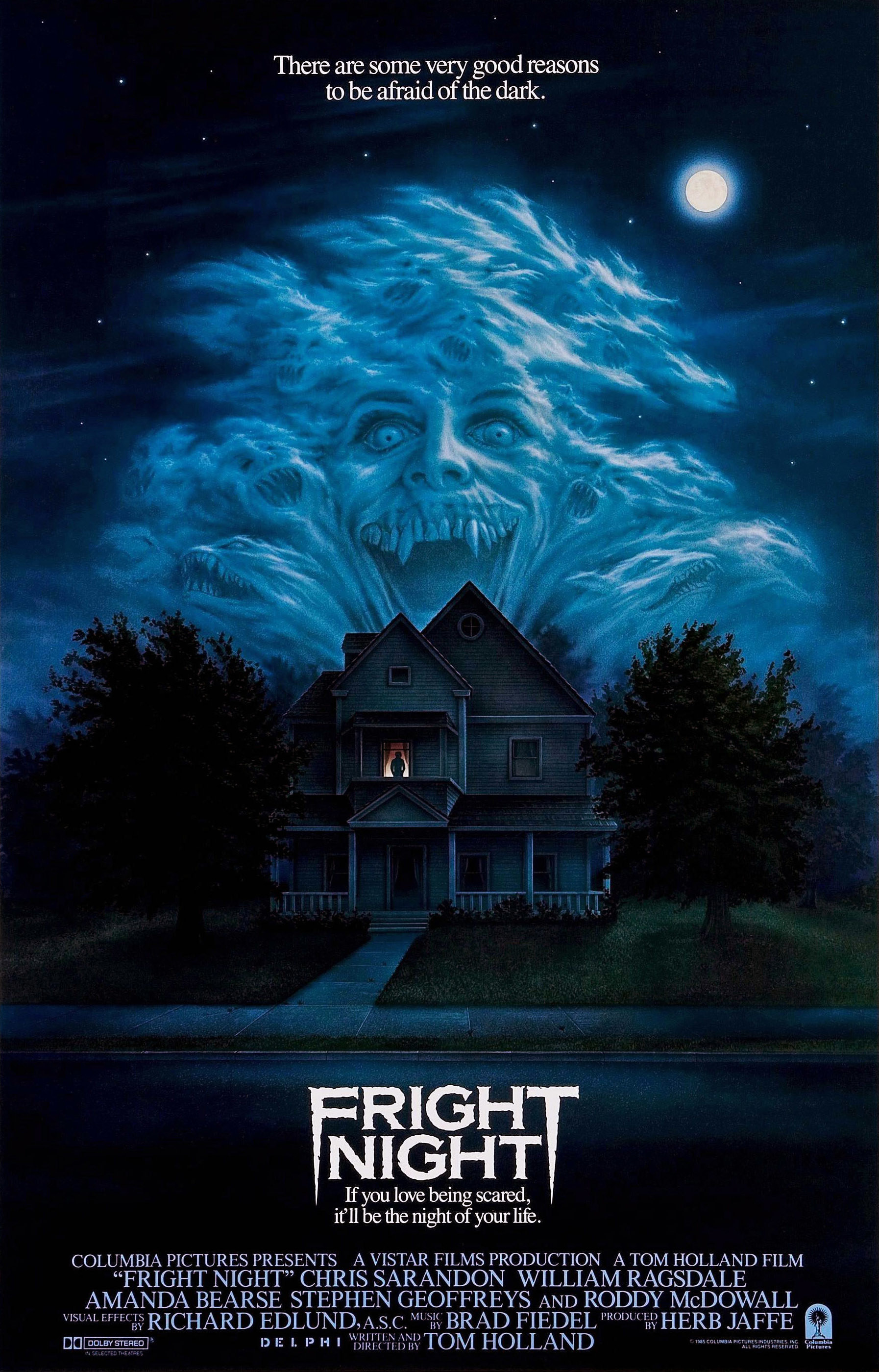 The official &quot;Fright Night&quot; poster which features some freaky looking vampire faces in clouds above an otherwise docile suburban home