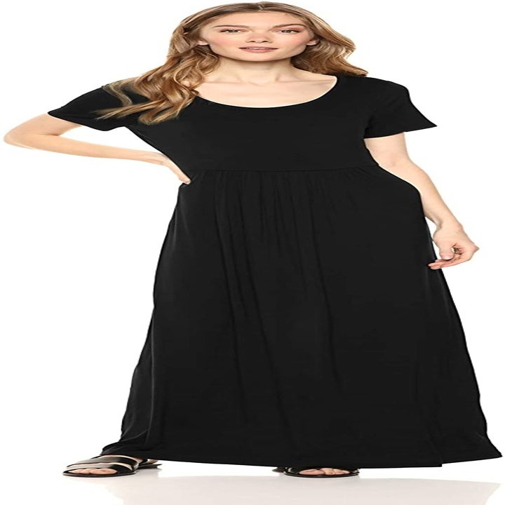 model wearing black maxi dress