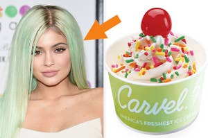Kylie Jenner with green hair on the left and vanilla ice cream with a cherry on top on the right