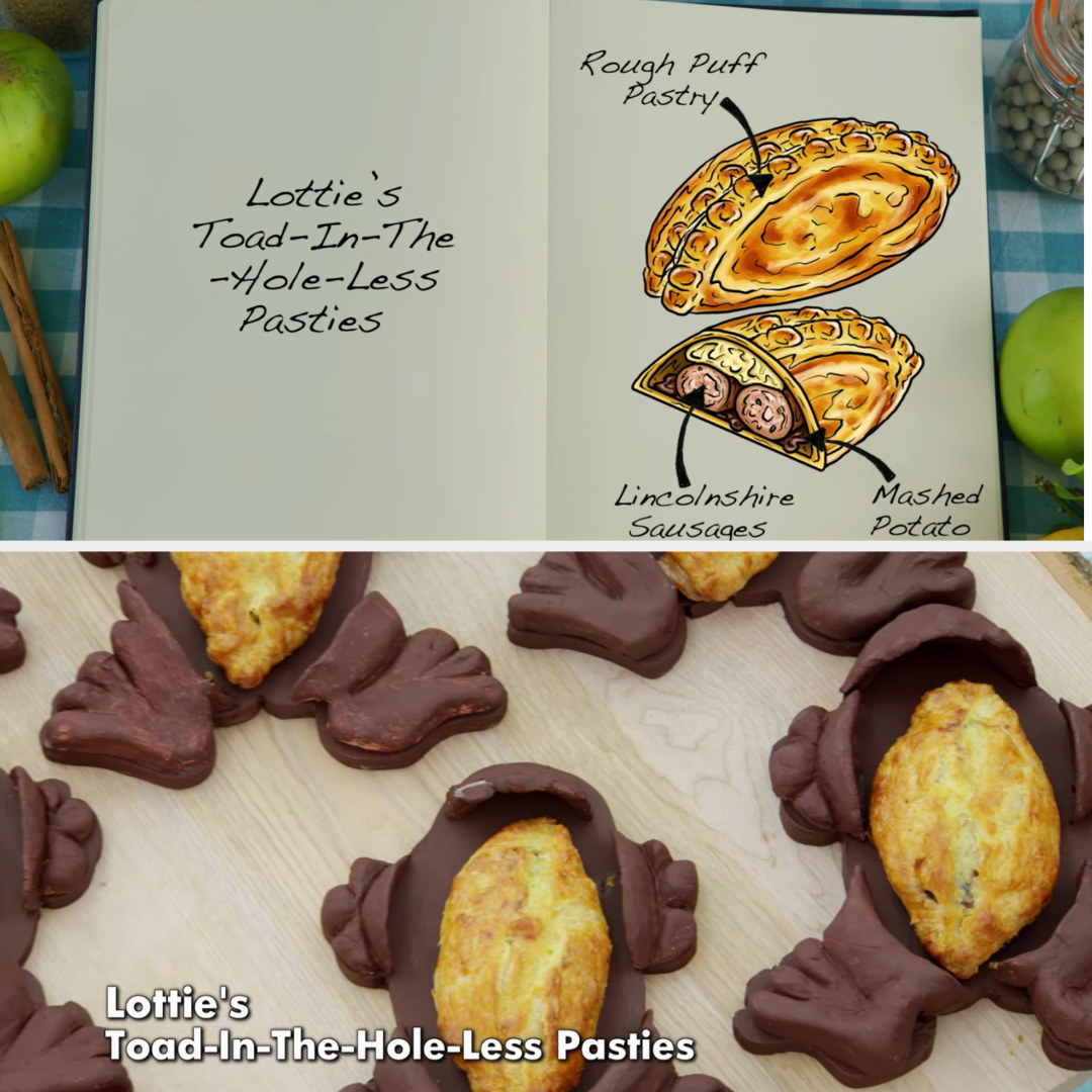 Lottie&#x27;s pasties filled with lincolnshire sausages and mashed potato side by side with their drawing