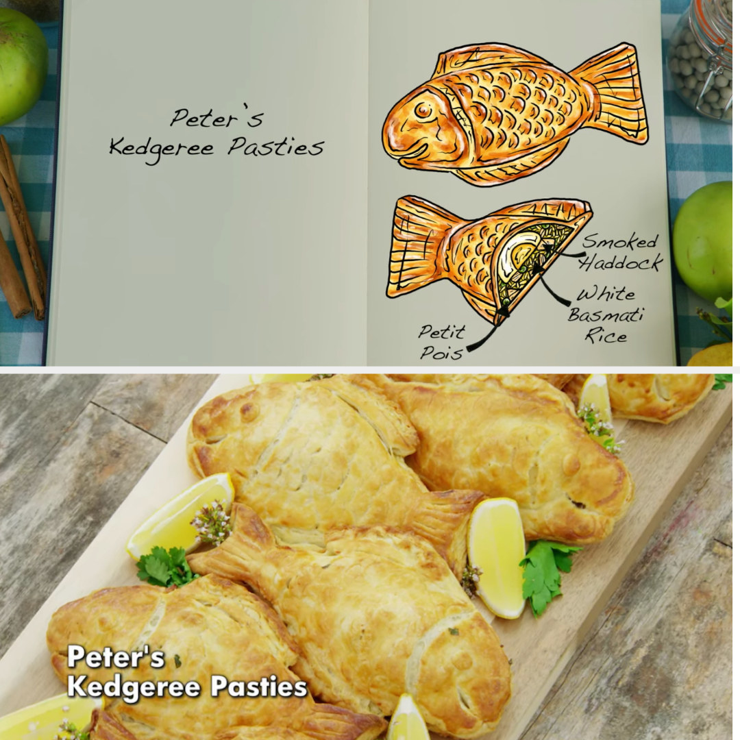 Peter&#x27;s fish-shaped pasties filled with smoked haddock, white basmati rice, and petit pois, side by side with their drawing