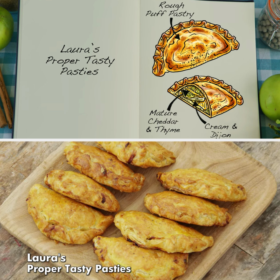 Laura&#x27;s pasties filled with cheddar &amp;amp; thyme and cream &amp;amp; dijon side by side with their drawing