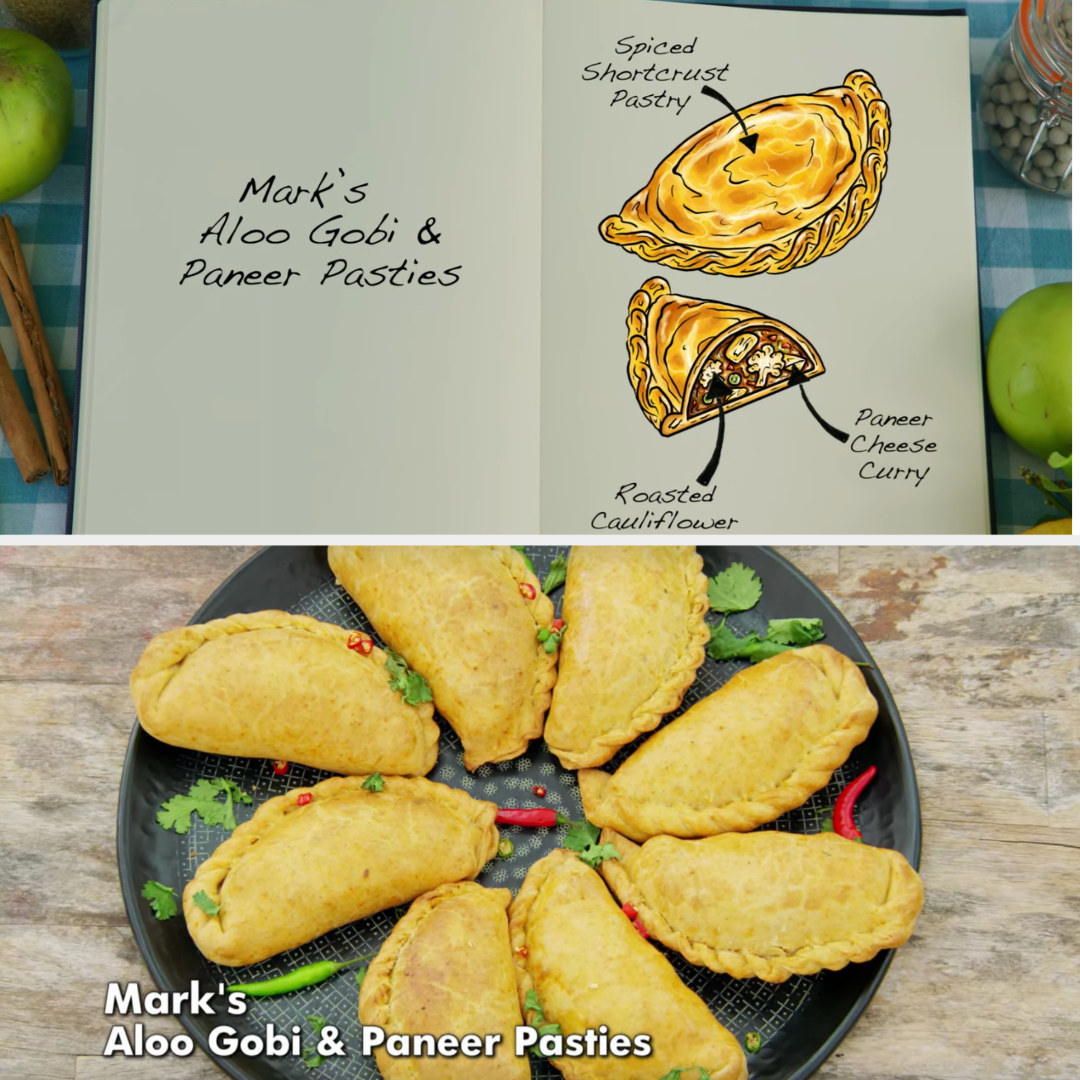 Mark&#x27;s pasties filled with roasted cauliflower and paneer cheese curry side by side with their drawing