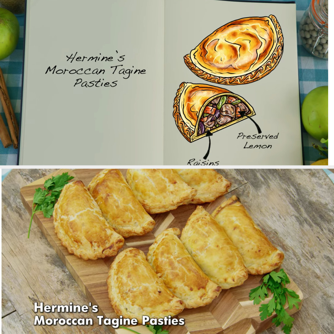 Hermines pasties filled with preserved lemon and Raisins side by side with their drawing