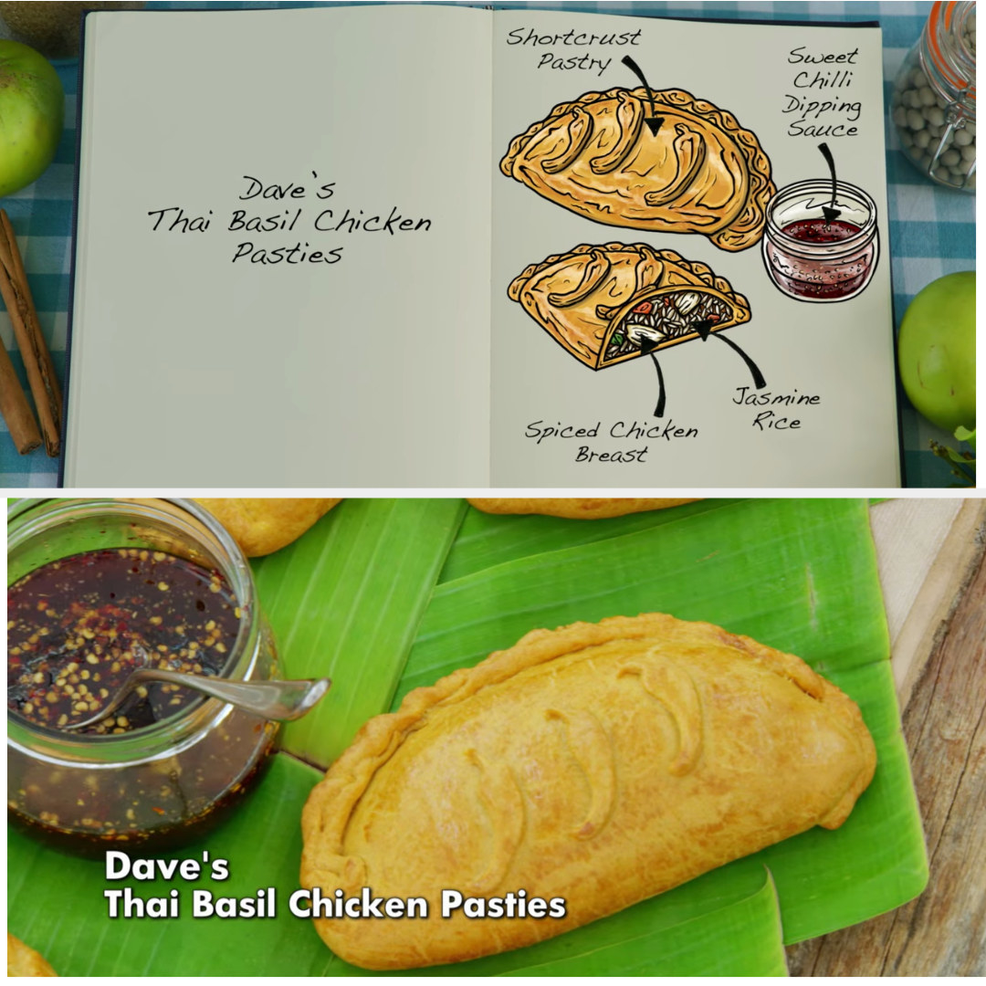 Dave&#x27;s pasties filled with spiced chicken breast and Jasmine Rice side by side with their drawing