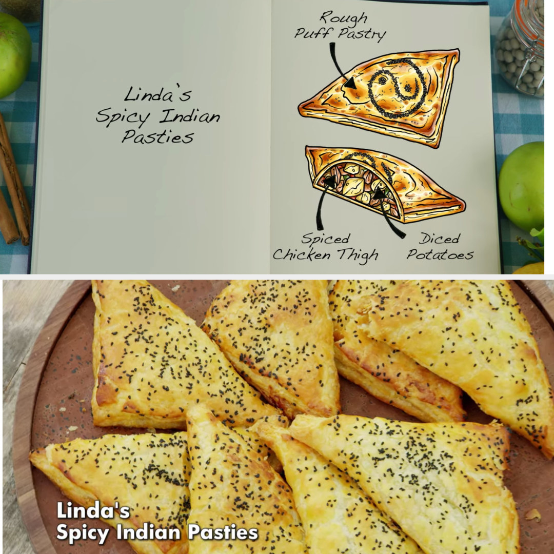 Linda&#x27;s pasties filled with spiced chicken thigh and diced potatoes side by side with their drawing