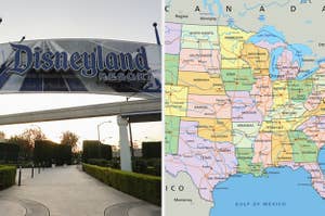 Side-by-side images of a Disneyland sign and a US map