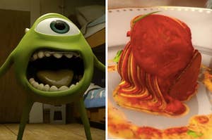 Mike Mazowski from Monsters Inc on the left and the ratatouille from ratatouille on the right