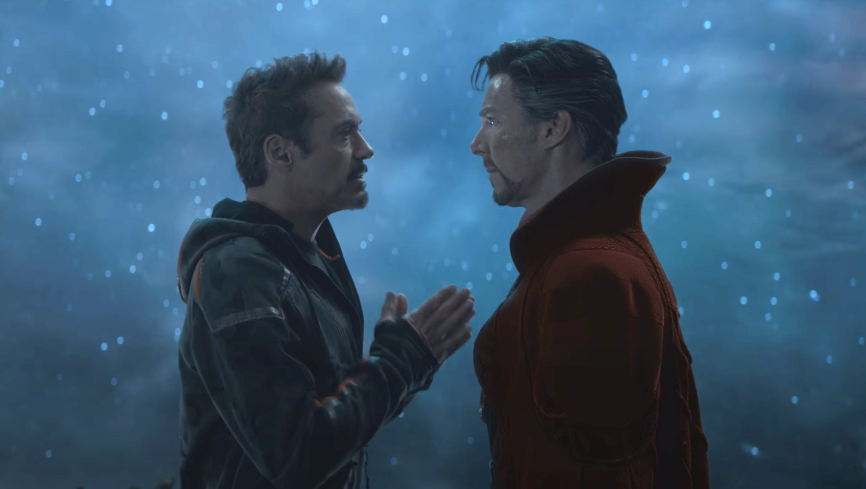 Marvel&#x27;s Iron Man and Dr. Strange speaking to each other in a film scene
