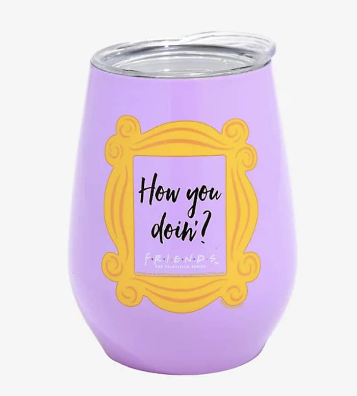 A purple tumbler with a frame that says &quot;How you doin&#x27;?&quot; in the middle of it 