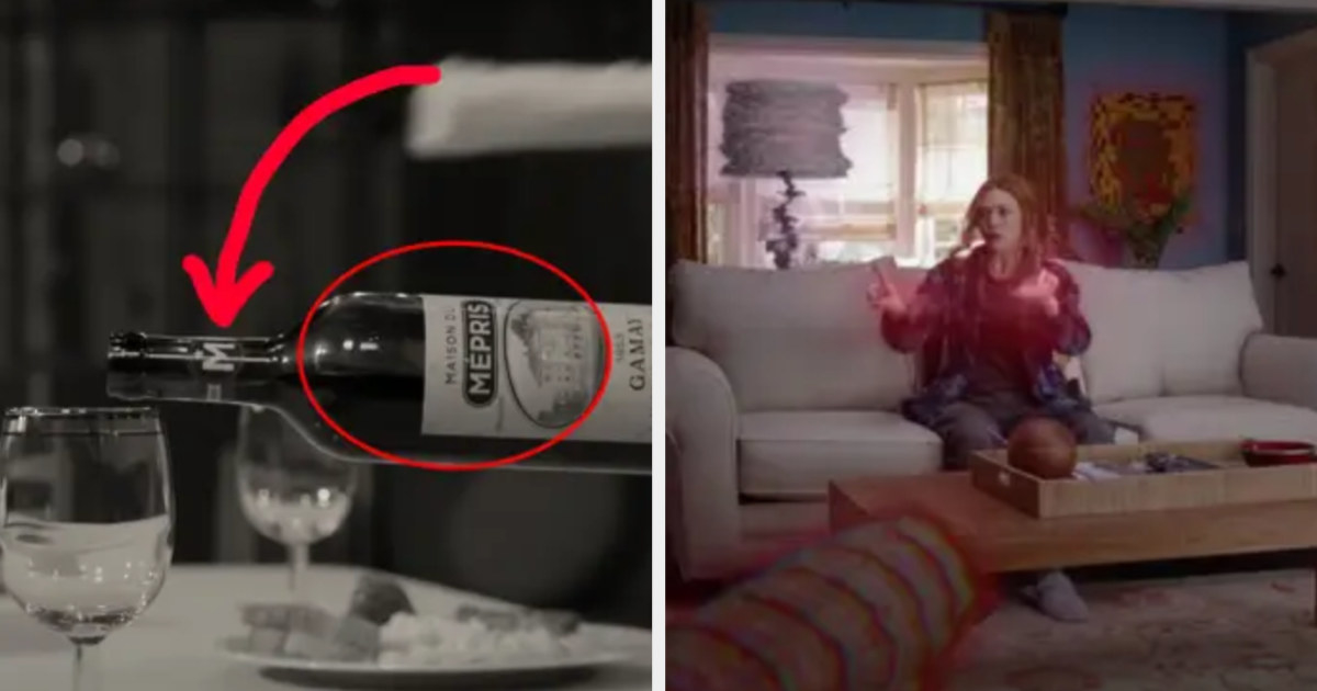 A bottle of alcohol with the letter &#x27;M&#x27; being tilted in a wine glass, and Elizabeth Olsen has Wanda sitting on a couch