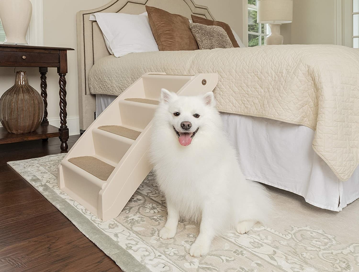 white dog standing next to dog stairs leading to the bed