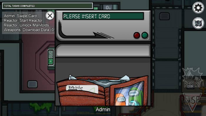 The card swipe task in &quot;Among Us&quot; with a wallet and a machine that reads &quot;please insert card&quot;