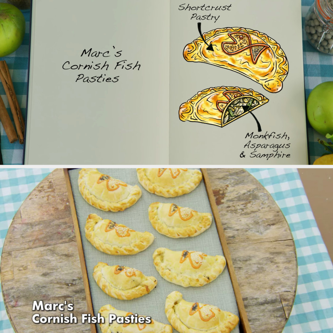 Marc&#x27;s pasties filled with monkfish, asparagus, and samphire side by side with their drawing