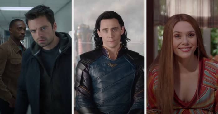 Sebastian Stan as Marvel&#x27;s Bucky Barnes, Tom Hiddleston as Marvel&#x27;s Loki, and Elizabeth Olsen as Marvel&#x27;s The Scarlet Witch
