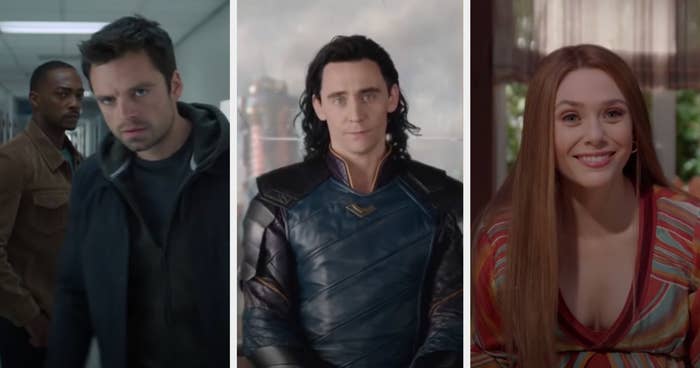 Sebastian Stan as Marvel's Bucky Barnes, Tom Hiddleston as Marvel's Loki, and Elizabeth Olsen as Marvel's The Scarlet Witch