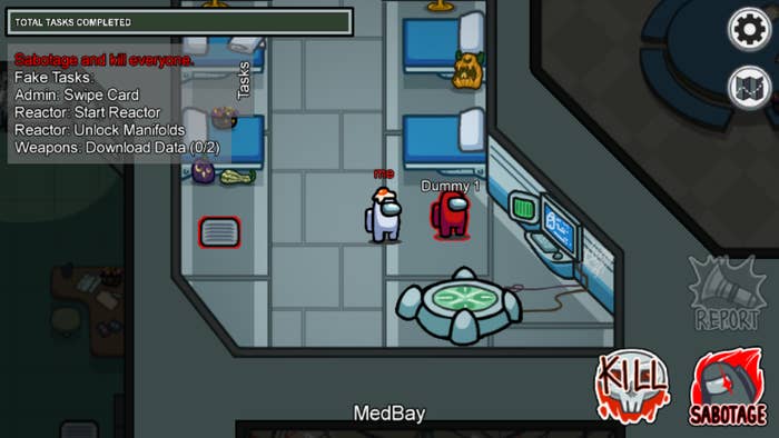 An impostor stands next to a crewmate who is alone in MedBay