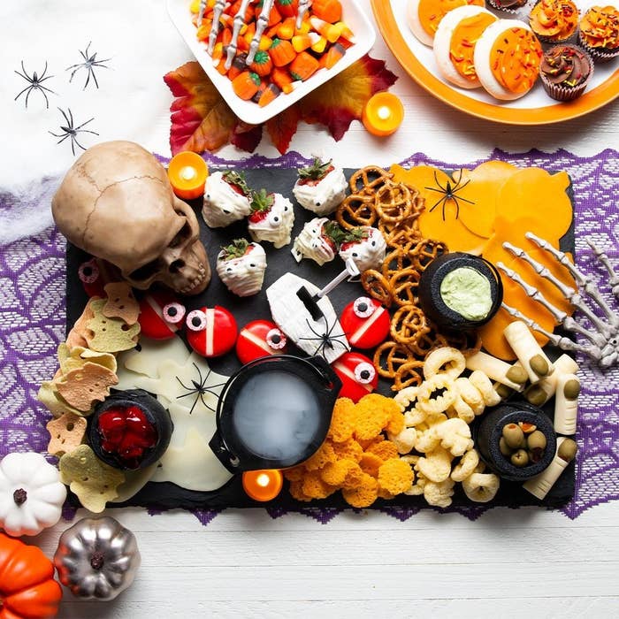 A char-boo-terie board filled with Halloween treats