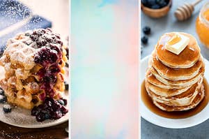 On the left, a stack of waffles topped with blueberries and powdered sugar, in the middle, an abstract watercolor painting, and on the right, a stack of pancakes topped with syrup and butter