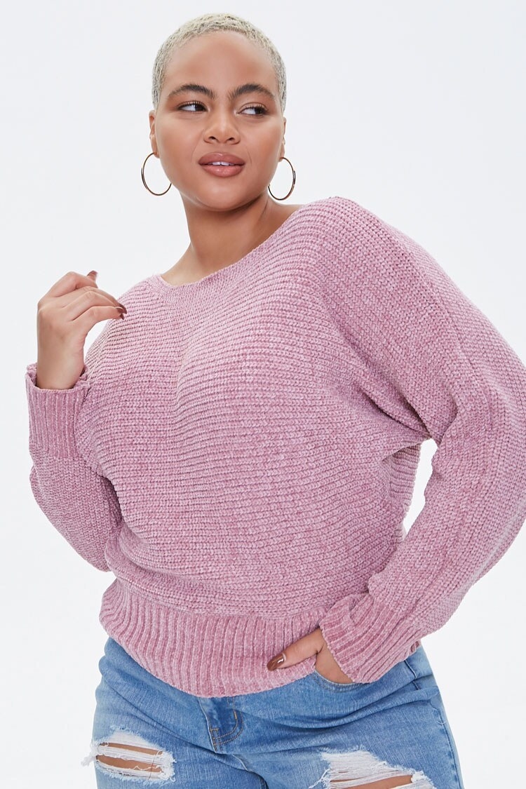 a model in the pink chenille sweater