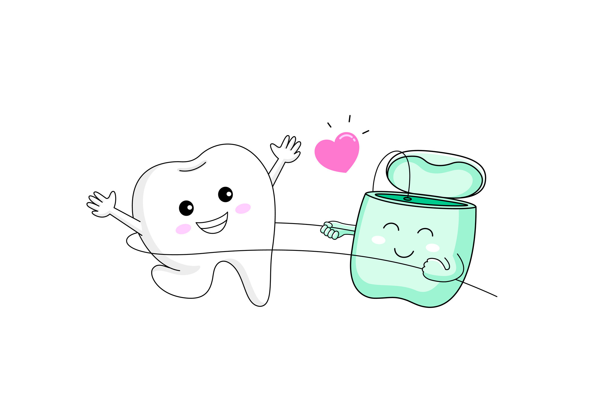 A happy tooth and floss cartoon