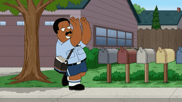 gif of cleveland from &quot;family guy&quot; delivering mail to a bunch of mailboxes in a row