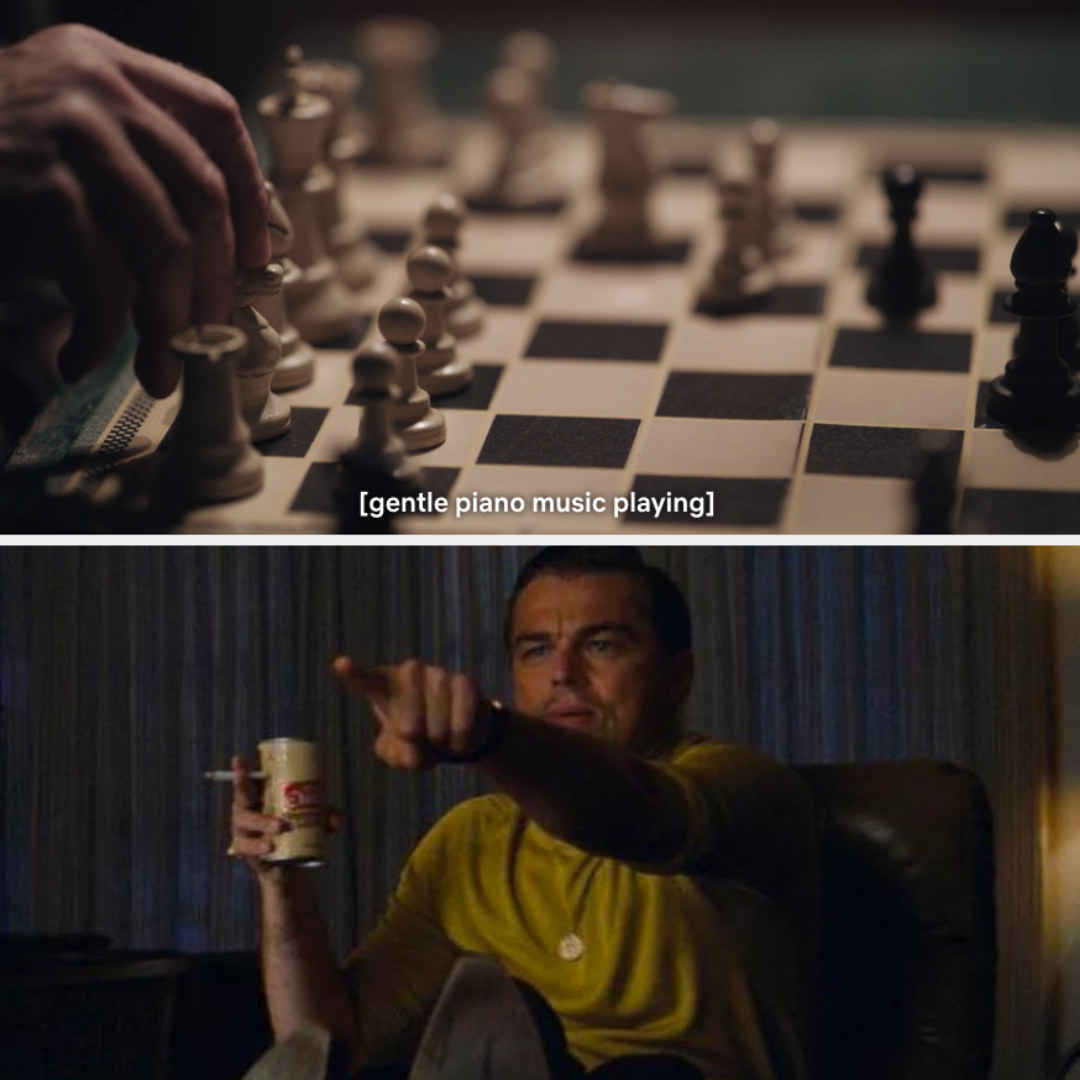 A chess board with someone about to move a piece. Leo DiCaprio pointing at something while holding a beverage and a cigarette