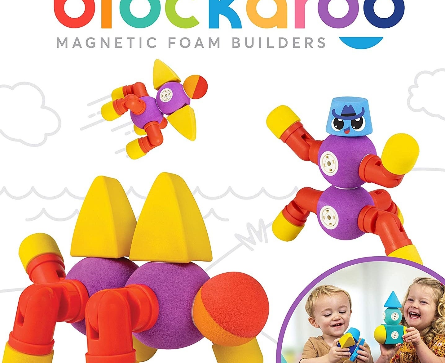 Purple, red, and yellow Blockaroo toys turned into different creatures and vehicles