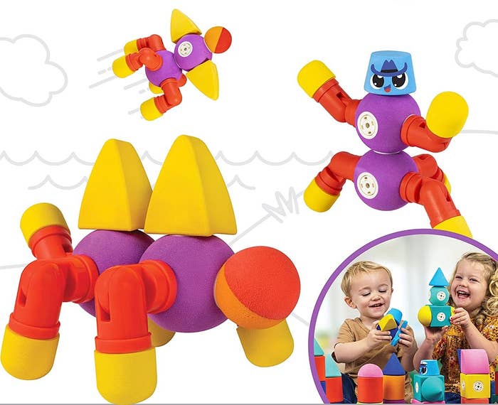Purple, red, and yellow Blockaroo toys turned into different creatures and vehicles