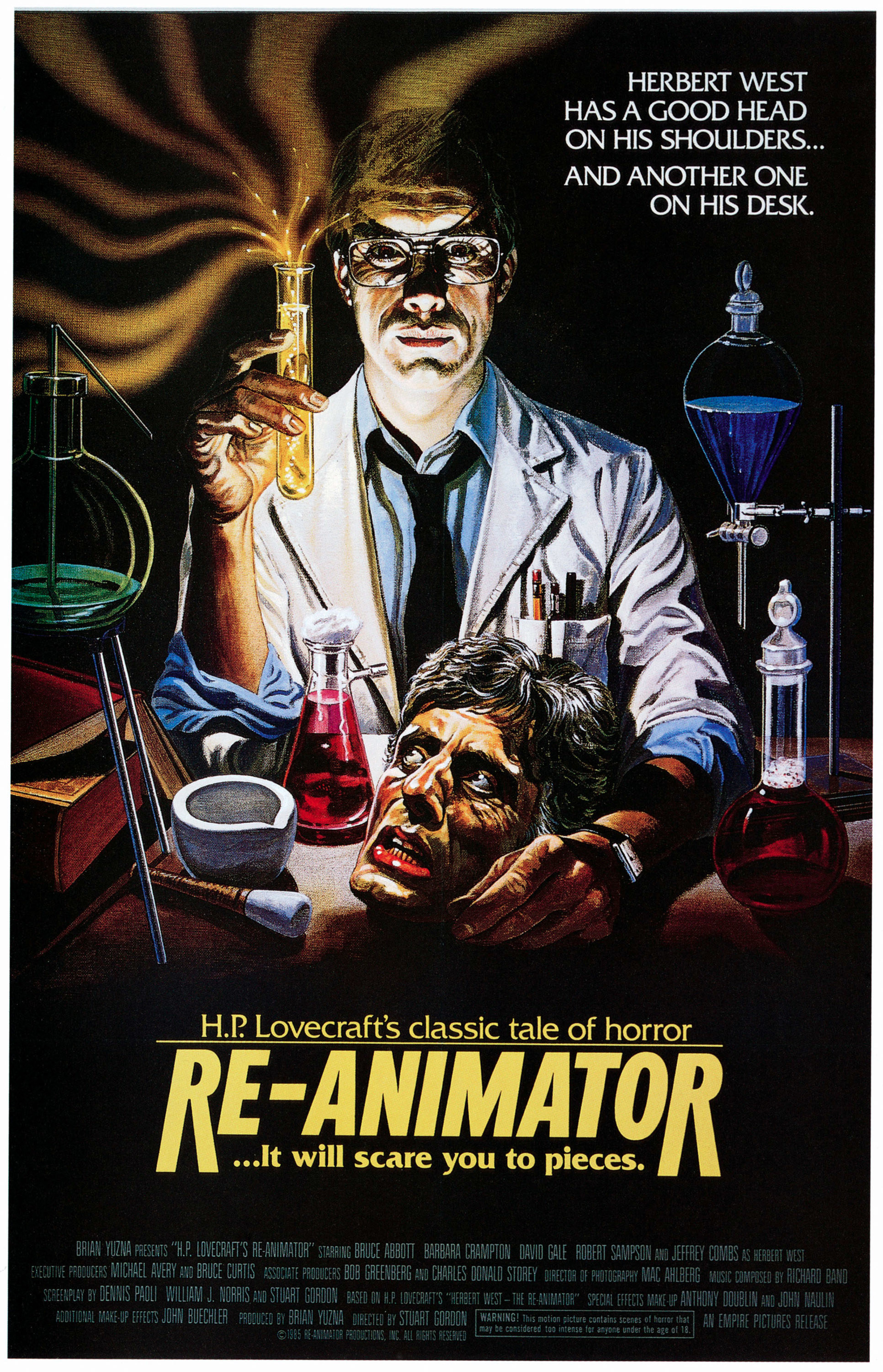 The official poster for &quot;Re-Animator&quot; which features a scientist in a lab clutching a disembodied head with text reading, &quot;Herbert West has a good head on his shoulders and another one on his desk&quot;