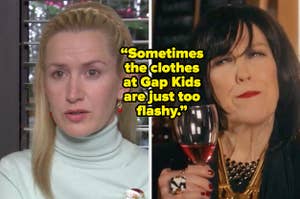 Angela Kinsey as Angela Martin in the show "The Office" and Catherine O'Hara as Moira Rose in the show "Schitt's Creek."