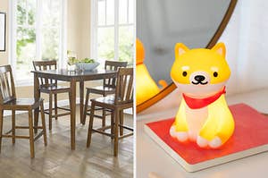 to the left: a wooden table and chairs set, to the right: a shiba una dog lamp