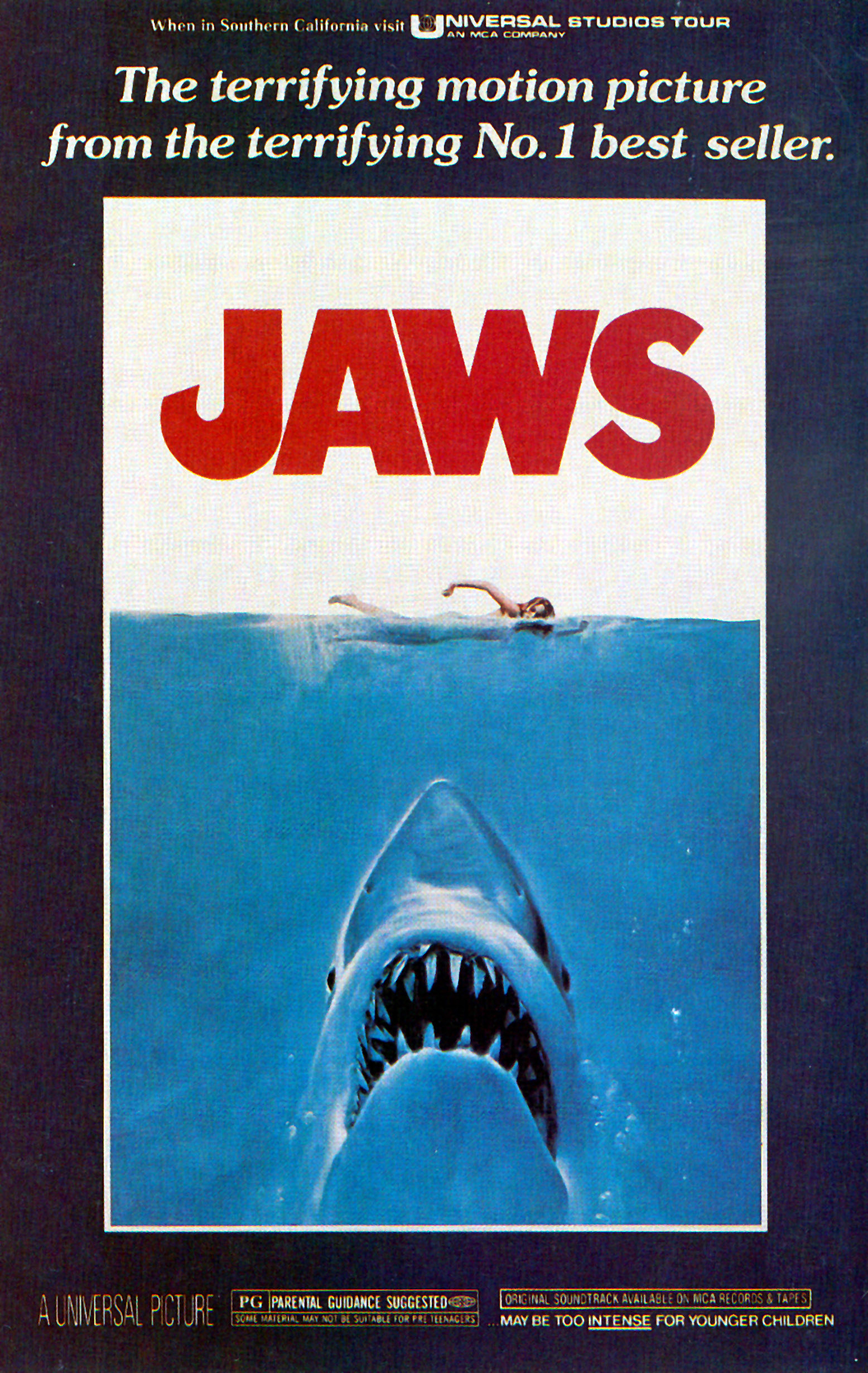 The official &quot;Jaws&quot; poster that features a young woman swimming while a giant shark lurks just under the surface of the water