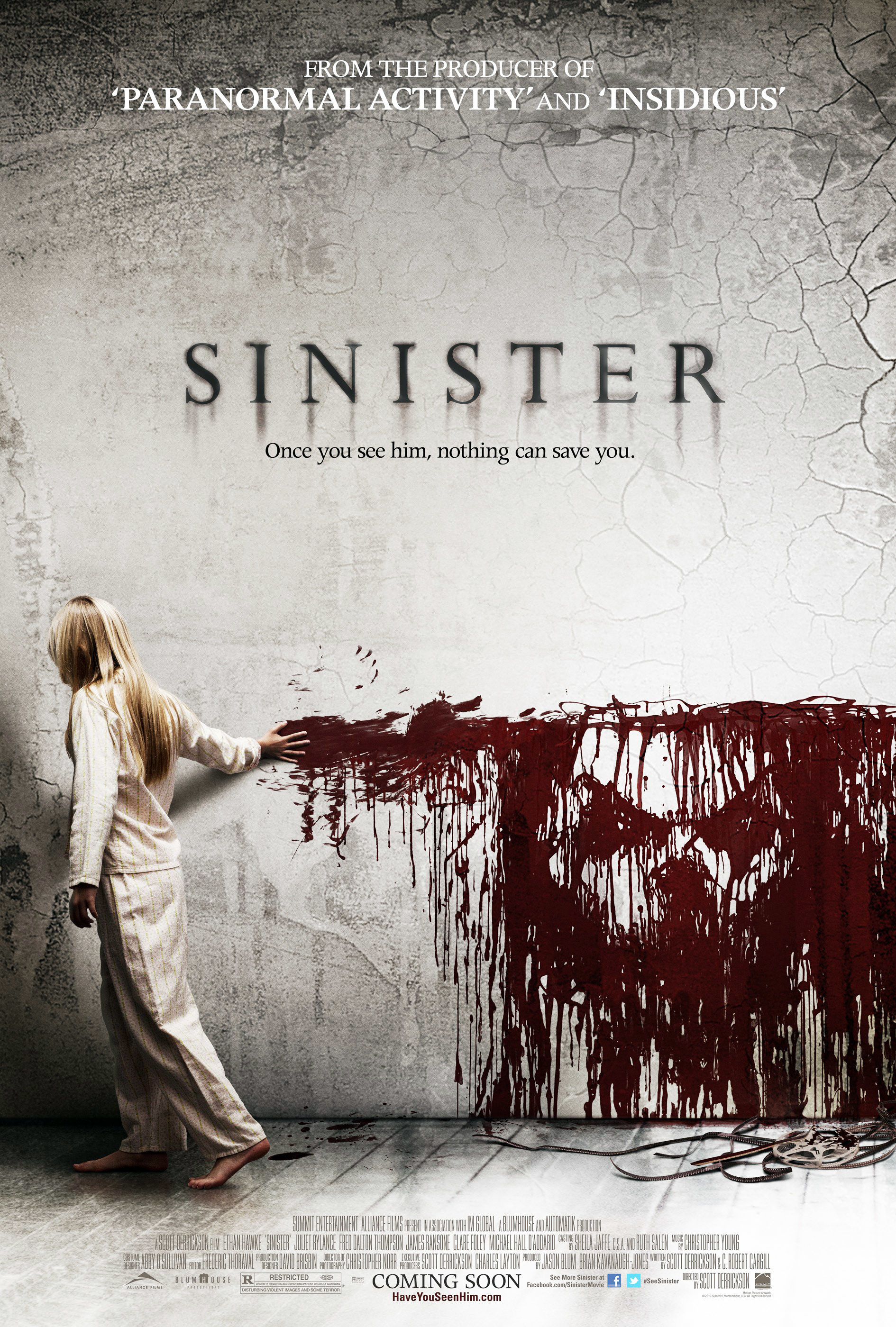 The official movie poster for &quot;Sinister&quot; featuring a young girl smearing blood across a wall with her hands, revealing the face of a demon