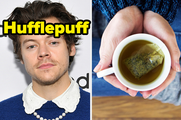 Harry Styles is on the left labeled, "Hufflepuff" with a woman holding a cup of tea on the right