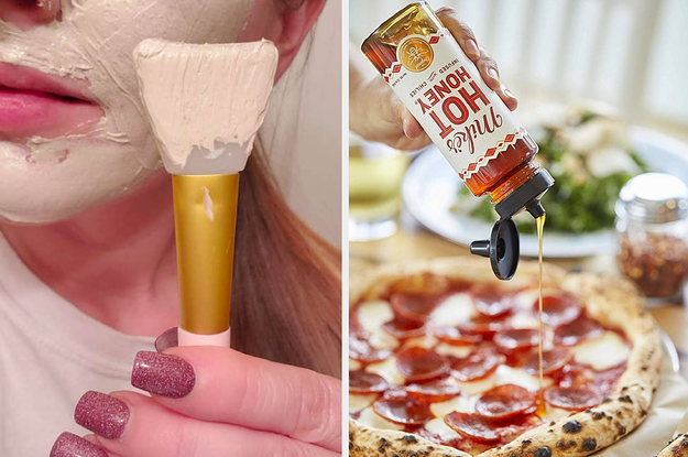 On the left, a silicone face mask brush, and on the right, Mike's Hot Honey