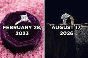 On the left, an engagement ring with a square diamond in a box labeled "February 28, 2023," and on the right, an engagement ring with an oval diamond resting on a rock labeled "August 17, 2026"