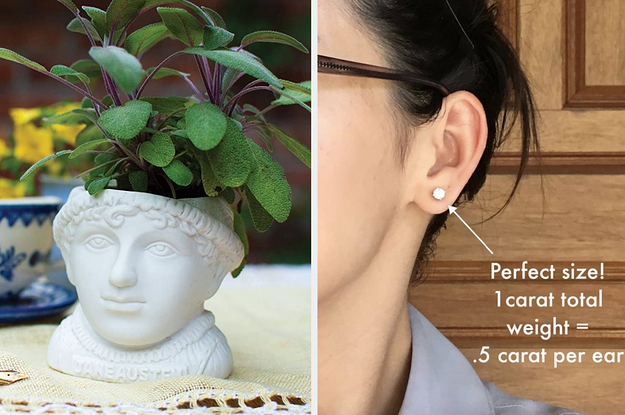 on left a Jane Austen planter and on right reviewer wearing stud earrings