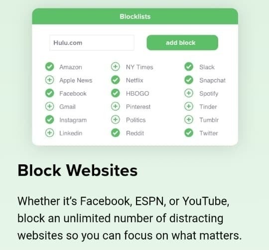 A screenshot of the Freedom website showing how you can set your blocklists 